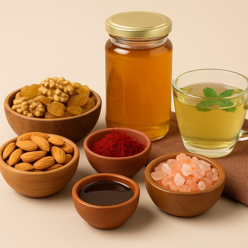 Natural Himalayan wellness products displayed on a light beige background, including wooden bowls filled with almonds, walnuts, saffron, Himalayan pink salt, a jar of honey, kashmiri shilajit resin, and a cup of jafran