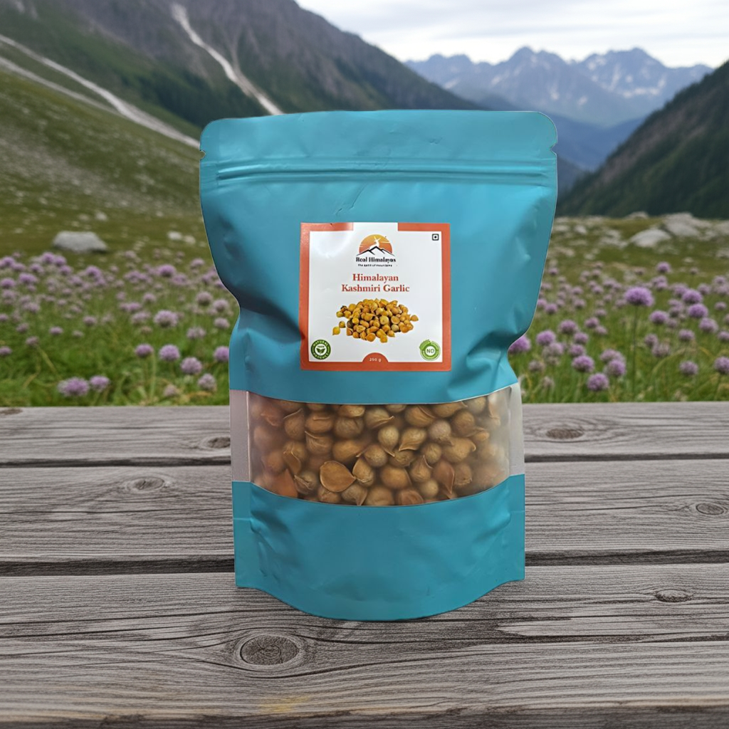 Blue package of Himalayan Kashmiri Garlic on a wooden surface with a mountainous background