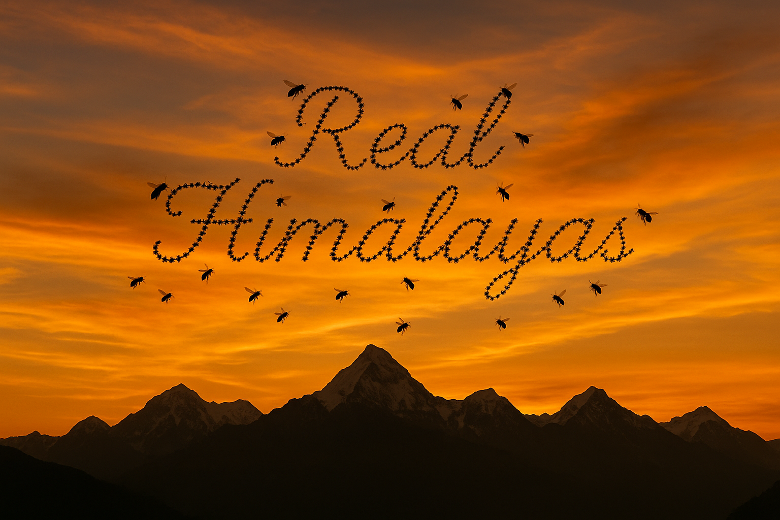 Load video: Bees making the Real Himalayas text with the himalayan background at the sunset